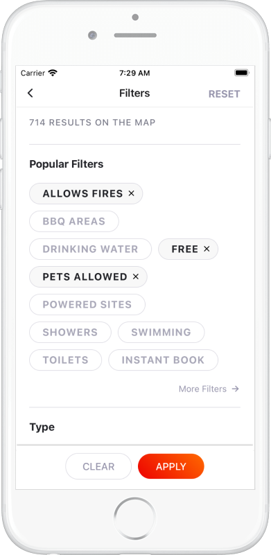 Screenshot of Anycamp app viewing filter screen